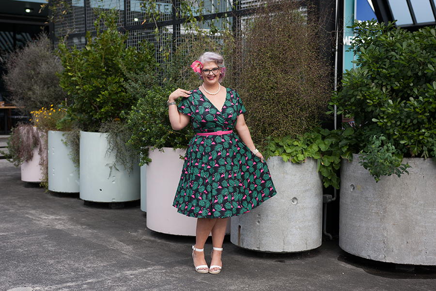 Hannah Gough from Survivor New Zealand wears Lady Voluptuous Lyra Art Deco Flamingo Dress / Photo: Doug Peters, Ambient Light