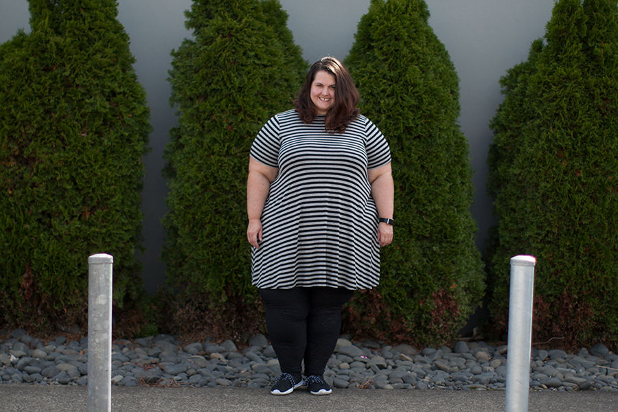 On turning 33: Meagan Kerr wears Yours Clothing striped dress and Lost and Led Astray Leggings