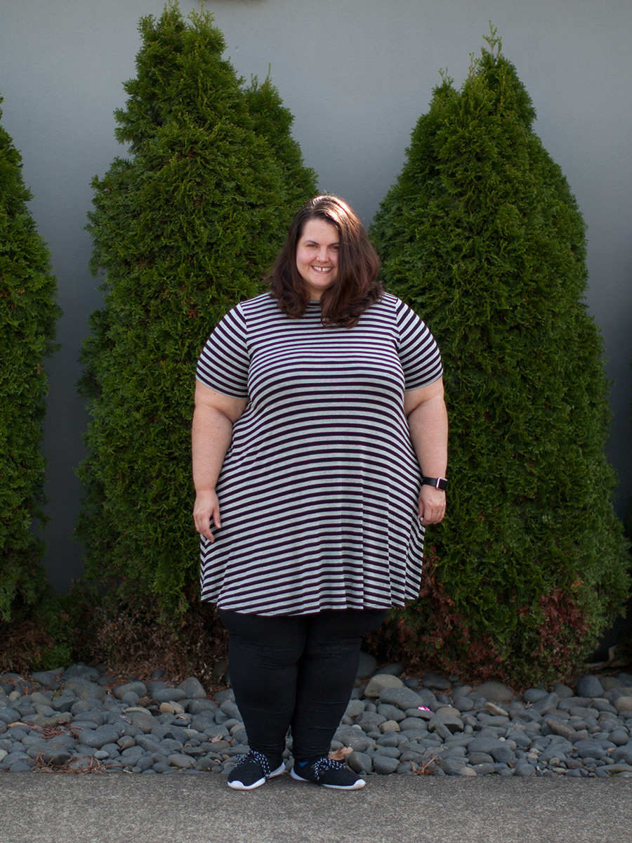 On turning 33: Meagan Kerr wears Yours Clothing striped dress and Lost and Led Astray Leggings