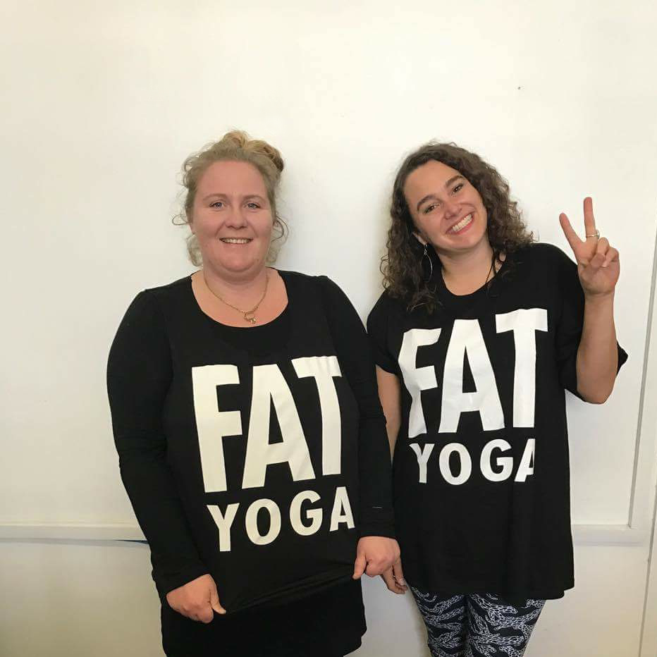 Sarah-Jane from Lost and Led Astray and Kristina from The Kindness Institute wearing Fat Yoga tees