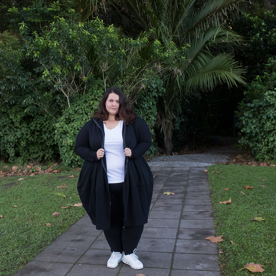 New Zealand plus size blogger Meagan Kerr wears River Island Plus tee, Kate Madison leggings, Lost and Led Astray Sculpture Coat and ecco Cool 2.0 Shoes