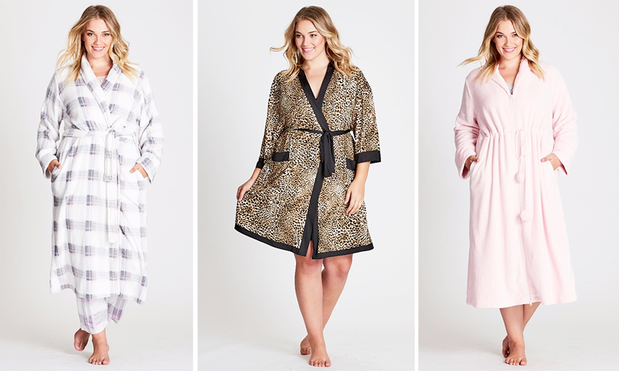 Winter 2017 Plus Size Pyjamas | Check Printed Robe, $34.99 | 3/4 Animal Print Kimono, $44.99 | Pom Pom Robe, $34.99 from Autograph