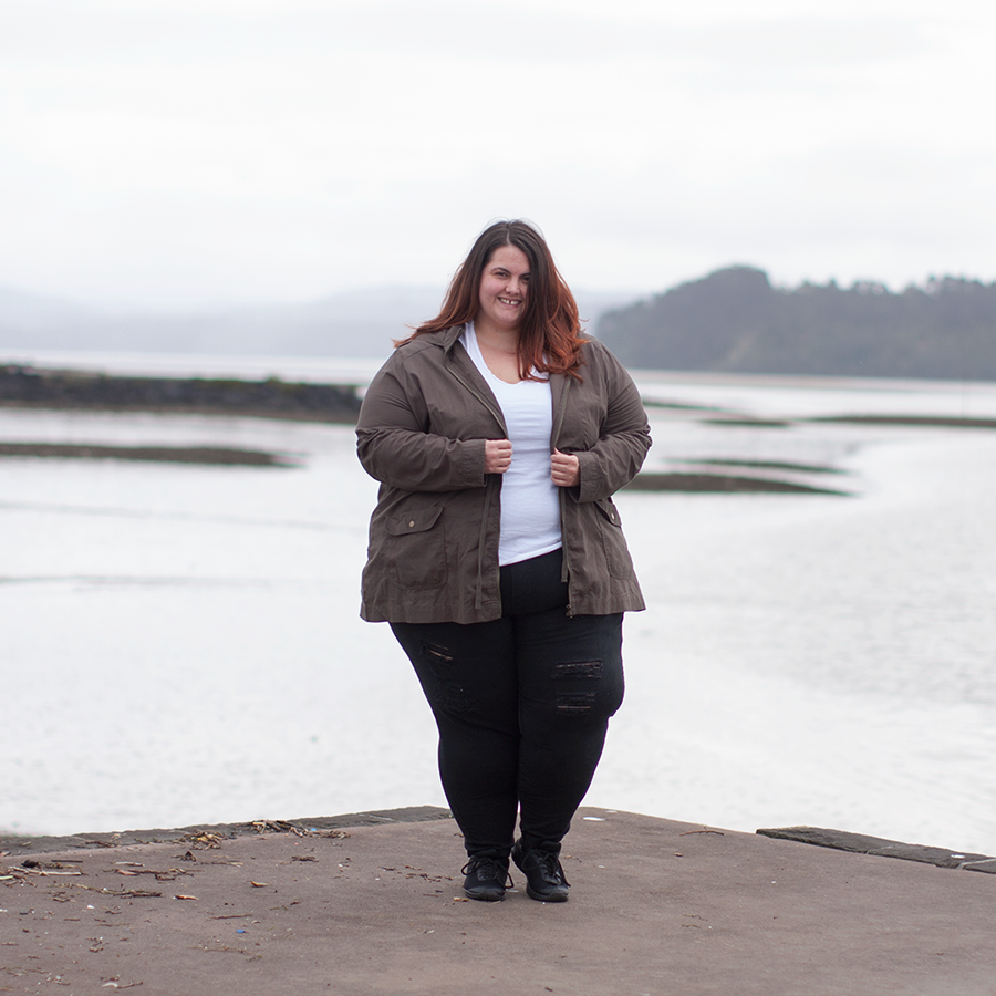 Plus size clothing basics - River Island Plus white scoop neck tee from River Island, Warpaint Joggers from 17 Sundays; Kate Madison Khaki Jacket from The Warehouse