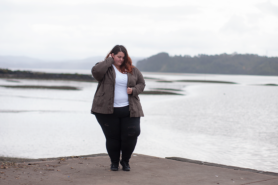 Plus size clothing basics - River Island Plus white scoop neck tee from River Island, Warpaint Joggers from 17 Sundays; Kate Madison Khaki Jacket from The Warehouse