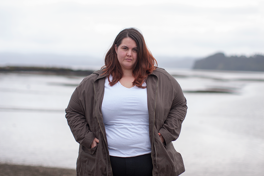 Plus size clothing basics - River Island Plus white scoop neck tee from River Island, Warpaint Joggers from 17 Sundays; Kate Madison Khaki Jacket from The Warehouse