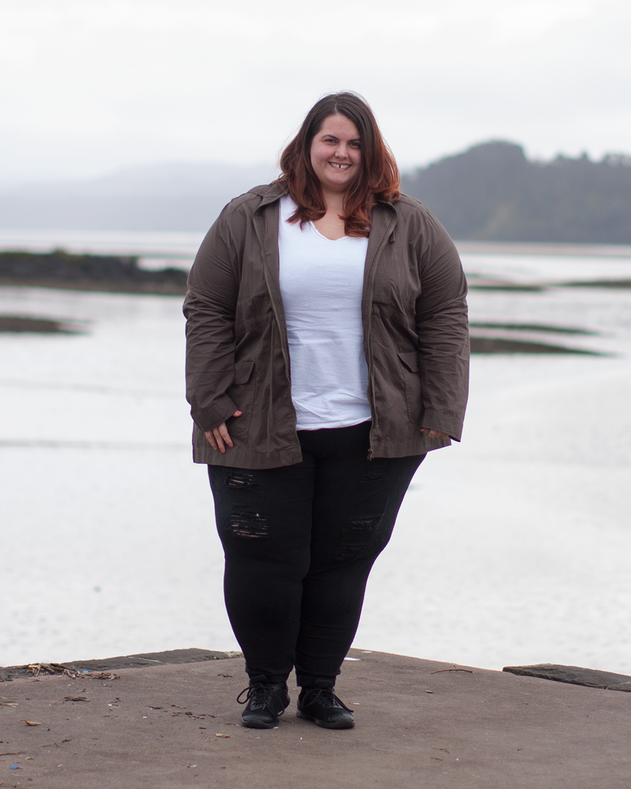 Plus size clothing basics - River Island Plus white scoop neck tee from River Island, Warpaint Joggers from 17 Sundays; Kate Madison Khaki Jacket from The Warehouse