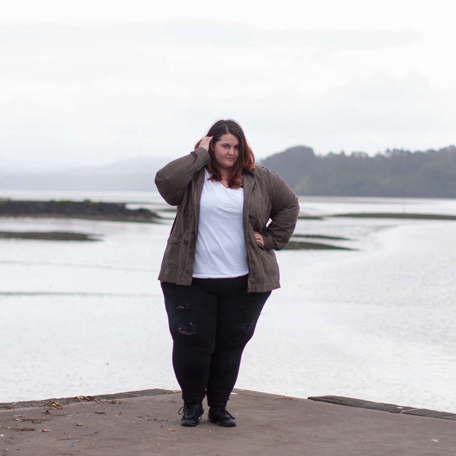 Plus size clothing basics - River Island Plus white scoop neck tee from River Island, Warpaint Joggers from 17 Sundays; Kate Madison Khaki Jacket from The Warehouse