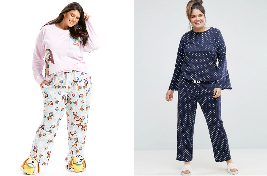 Winter 2017 Plus Size Pyjamas | P.A. Plus Slinky Dog Classic PJ Pants, $89.99 and Long Sleeve Tee, $79.99 from Peter Alexander | ASOS CURVE Spot Long Sleeve Top and Long Pant Pyjama Set, AUD $48.00 from ASOS