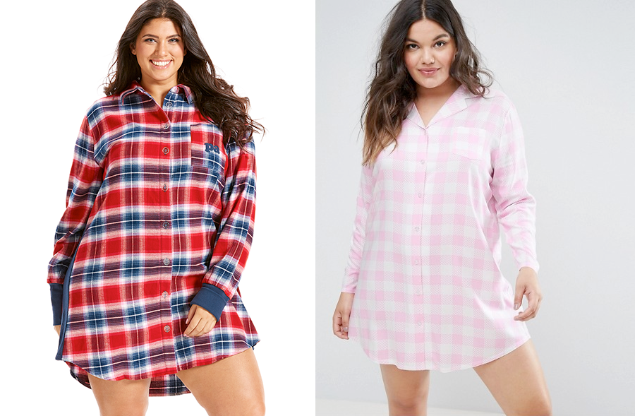 Winter 2017 Plus Size Pyjamas | P.A. Plus Tartan Rib Nightshirt, $99.99 from Peter Alexander and ASOS CURVE Gingham Woven Nightshirt, AUD $48.00 from ASOS