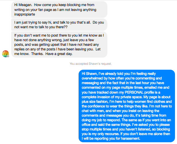 Online harassment - Shawn Gipperich. This was the tenth message I received from Shawn in an hour.