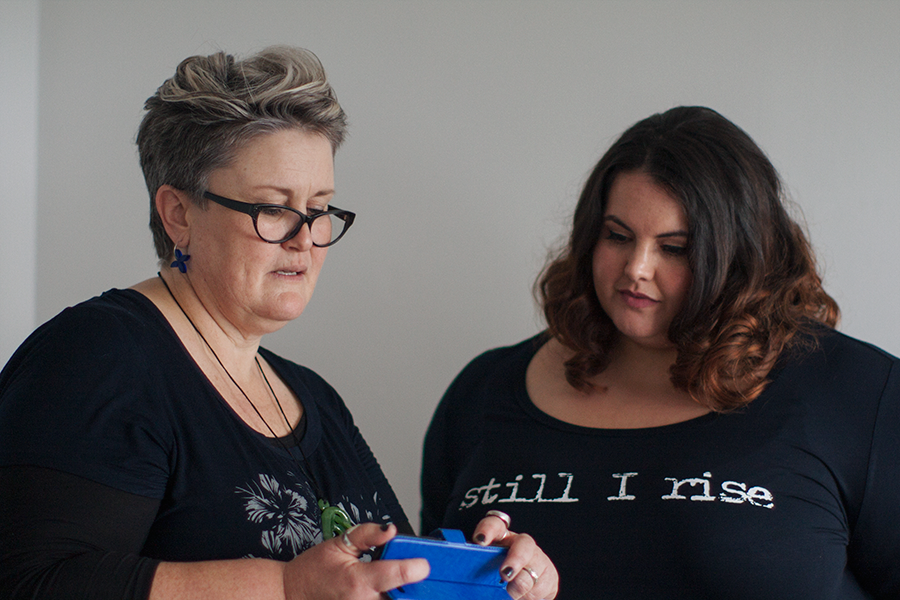 Rachel Harrison and Meagan Kerr go through some last minute instructions at the Firefly by Rachel Harrison photo shoot