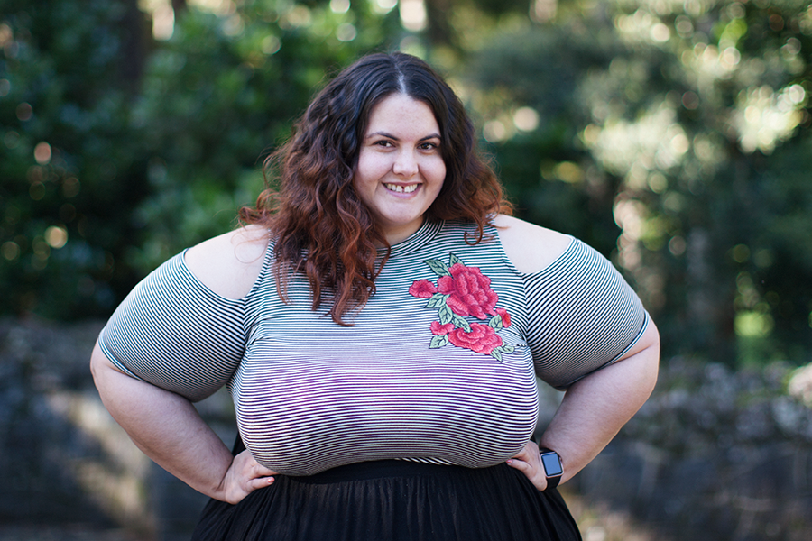 What is up with the cold shoulder trend in plus size clothing? Meagan Kerr wears Forever 21 Plus Open Shoulder Top