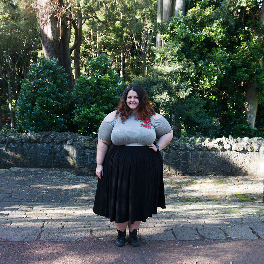 What is up with the cold shoulder trend in plus size clothing? Meagan Kerr wears Forever 21 Plus Open Shoulder Top