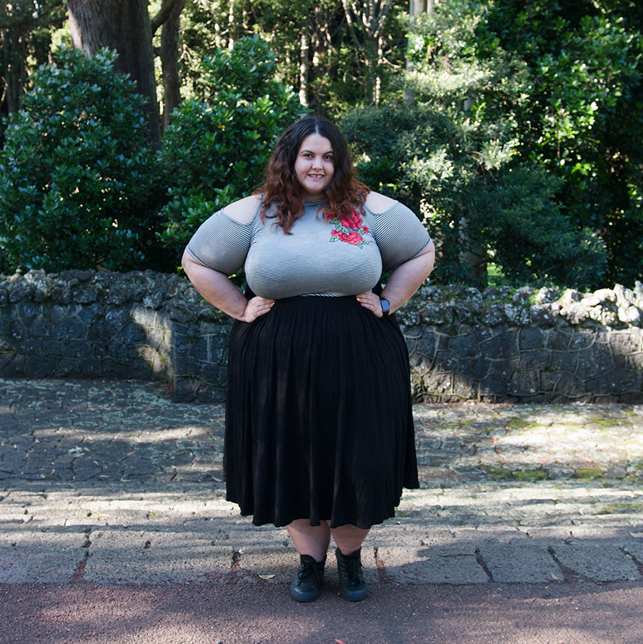 What is up with the cold shoulder trend in plus size clothing? Meagan Kerr wears Forever 21 Plus Open Shoulder Top