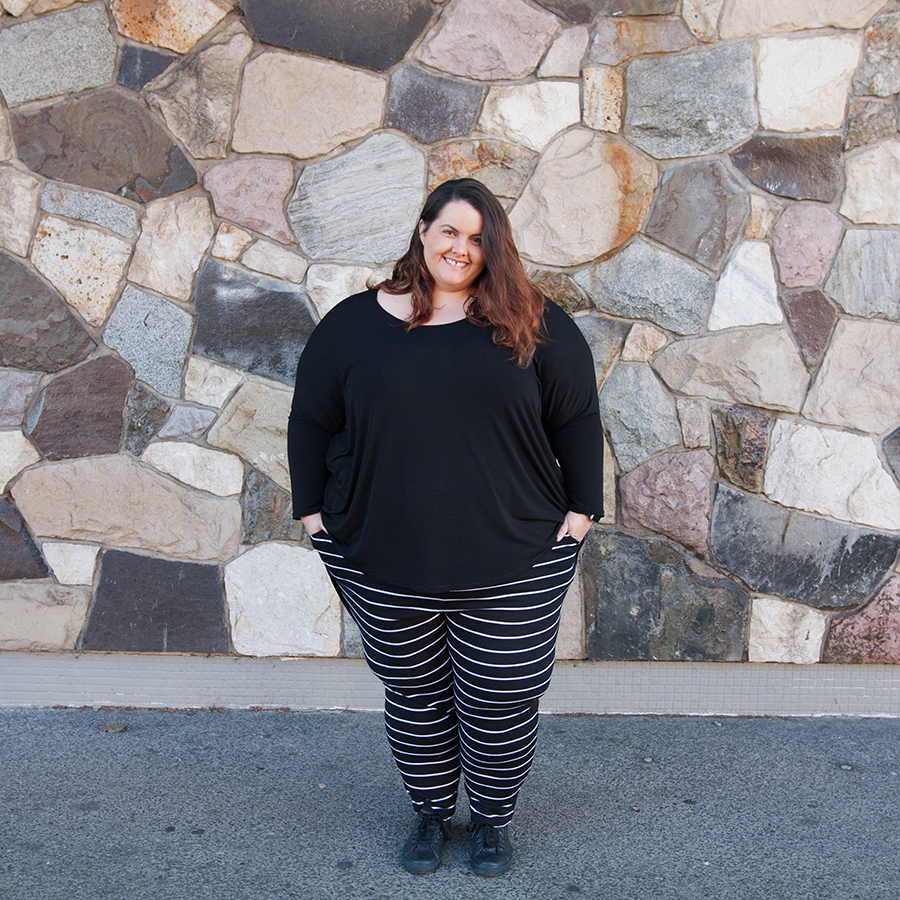New Zealand plus size blogger Meagan Kerr wears Kate Madison Striped Harem Pants from The Warehouse with Diva Oversized Hi-Lo Top from Harlow