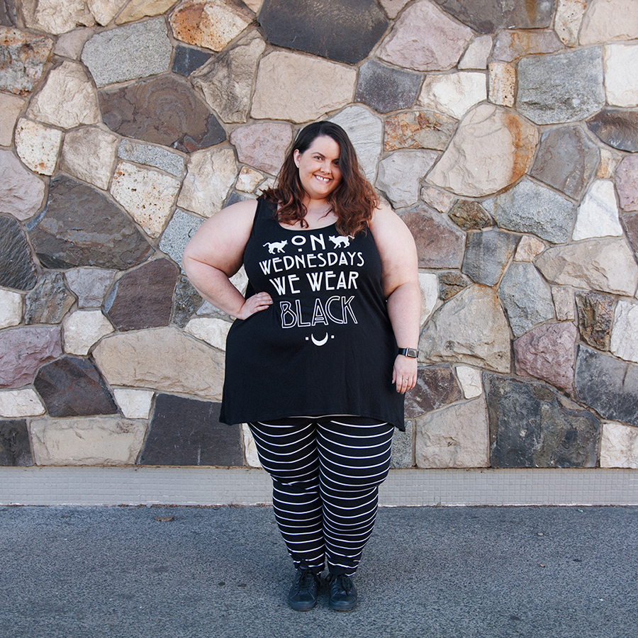 New Zealand plus size blogger Meagan Kerr wears Kate Madison Striped Harem Pants from The Warehouse with On Wednesdays We Wear Black tank from Torrid