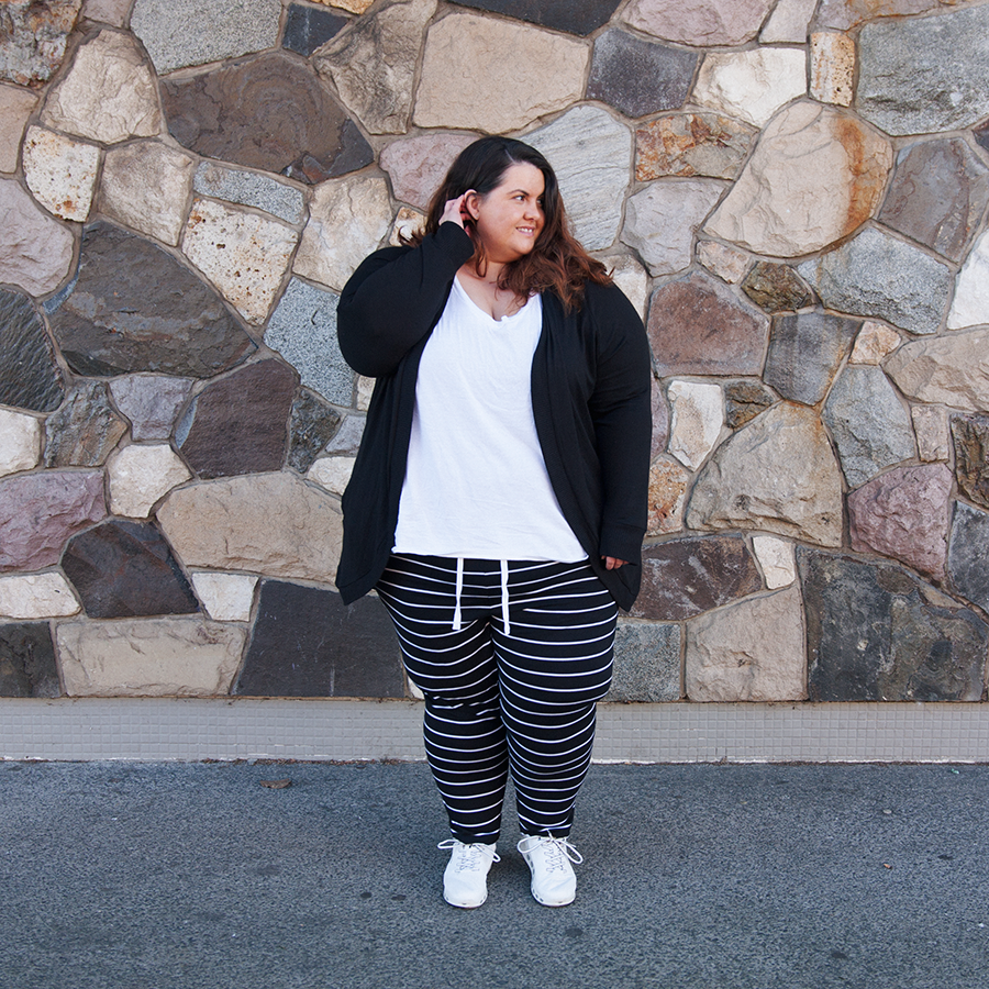 New Zealand plus size blogger Meagan Kerr wears Kate Madison Striped Harem Pants from The Warehouse with v-neck tee from Torrid and Kate Madison Soft Touch Hooded Cardigan from The Warehouse
