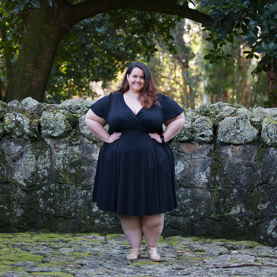 New Zealand plus size blogger Meagan Kerr wears black Lady Voluptuous Lyra Dress from Two Lippy Ladies