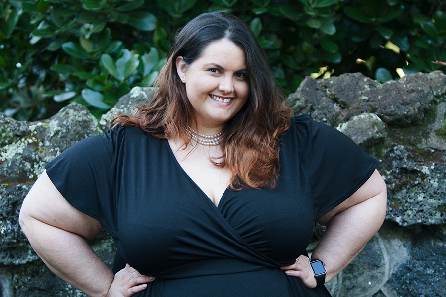 New Zealand plus size blogger Meagan Kerr wears black Lady Voluptuous Lyra Dress from Two Lippy Ladies