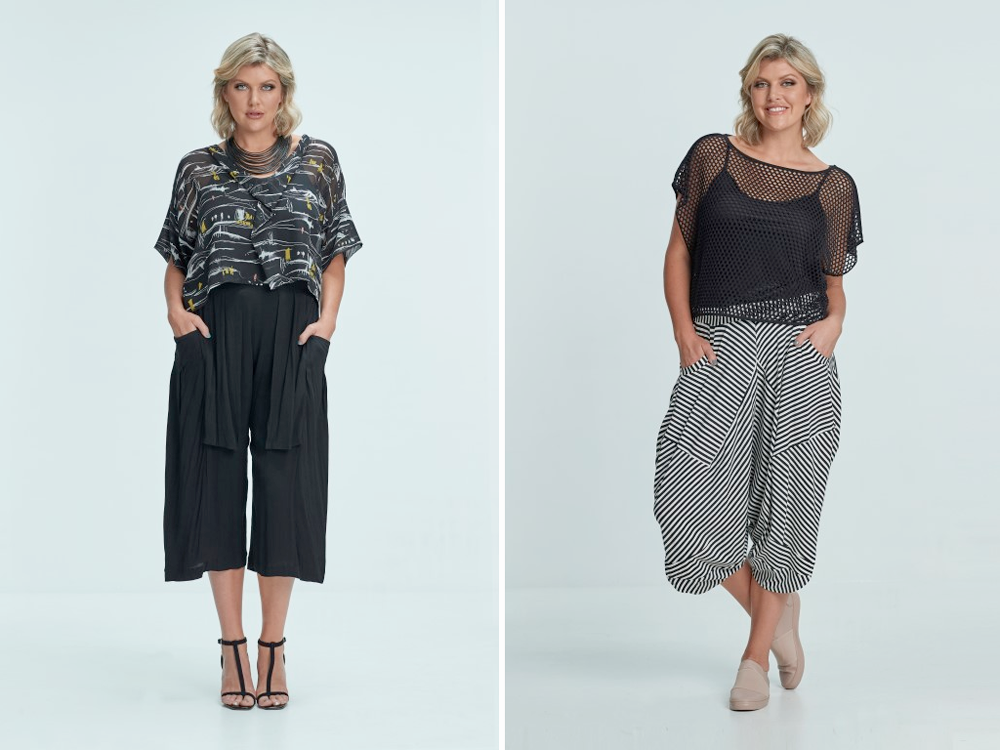 New Zealand plus size designer clothing SS17 Chocolat // Elemental Havana Crop Top, Pilgrim Pant, Mesh Allegra Top, Stripe Zoe Short