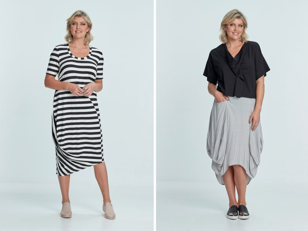 New Zealand plus size designer clothing SS17 Chocolat // Stripe Luna Dress, Havana Crop Top and Staple Skirt