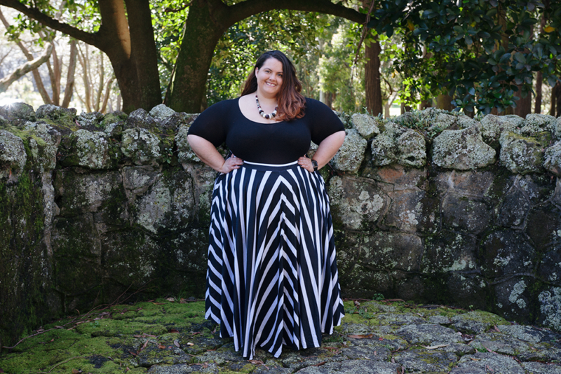 Beetlejuice Beetlejuice Beetlejuice! Plus size blogger Meagan Kerr wears Sonsee Bodysuit and Joolz Fashion Striped Maxi Circle Skirt