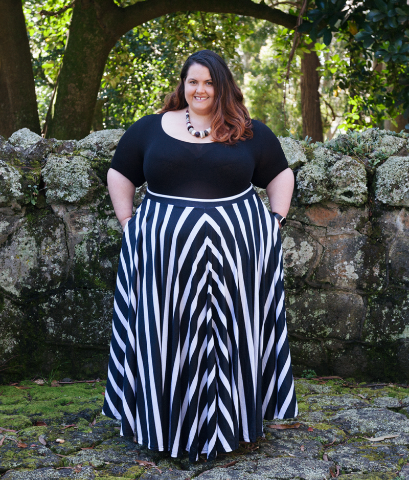 Beetlejuice Beetlejuice Beetlejuice! Plus size blogger Meagan Kerr wears Sonsee Bodysuit and Joolz Fashion Striped Maxi Circle Skirt