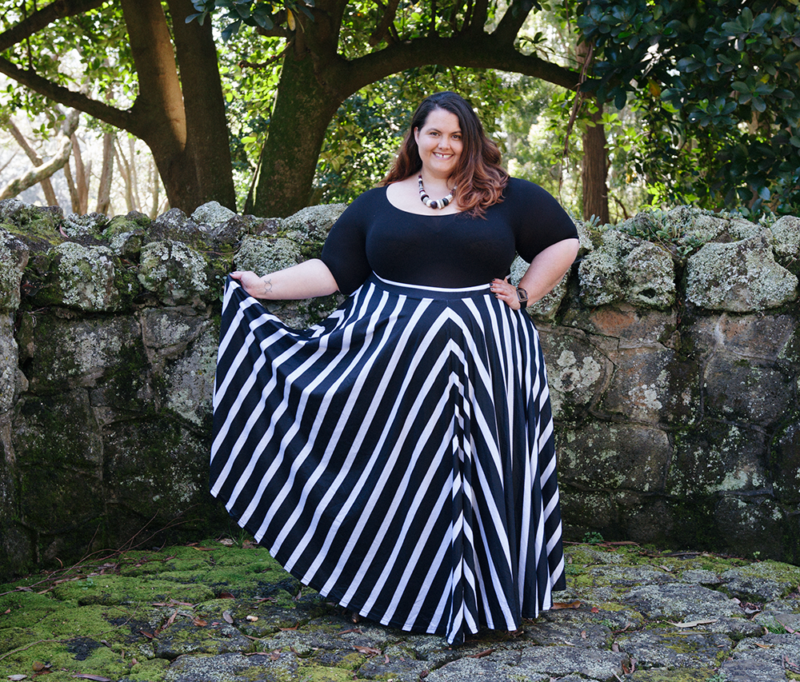 Beetlejuice Beetlejuice Beetlejuice! Plus size blogger Meagan Kerr wears Sonsee Bodysuit and Joolz Fashion Striped Maxi Circle Skirt