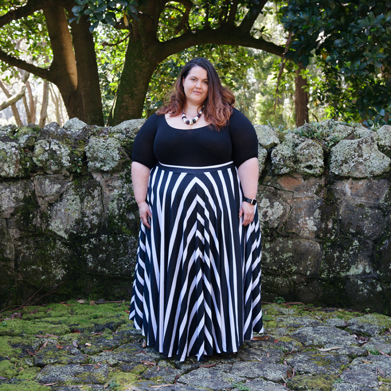 Beetlejuice Beetlejuice Beetlejuice! Plus size blogger Meagan Kerr wears Sonsee Bodysuit and Joolz Fashion Striped Maxi Circle Skirt