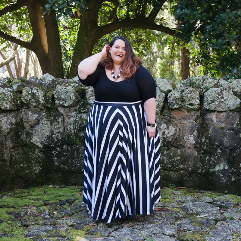Beetlejuice Beetlejuice Beetlejuice! Plus size blogger Meagan Kerr wears Sonsee Bodysuit and Joolz Fashion Striped Maxi Circle Skirt