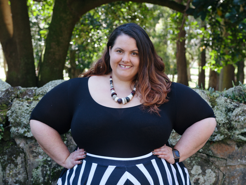 Beetlejuice Beetlejuice Beetlejuice! Plus size blogger Meagan Kerr wears Sonsee Bodysuit and Joolz Fashion Striped Maxi Circle Skirt