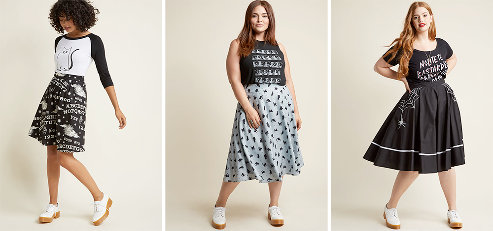 Plus Size Halloween Costumes // Messages by Moonlight Glow-in-the-Dark A-Line Skirt, A-Line Circle Skirt with Pockets in Cats and Hell Bunny Web and Flow Midi Skirt from ModCloth