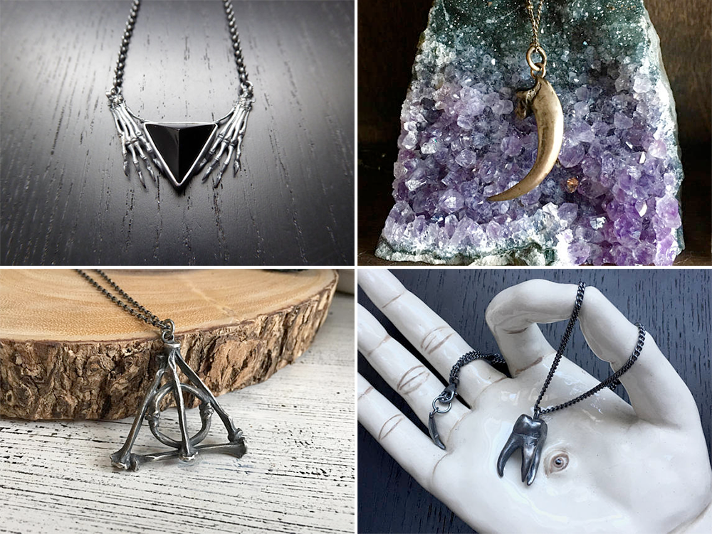 Plus Size Halloween Costumes // Nostradamus Necklace, Raven Claw Pendant, Deathly Hallows Bone Pendant and Tooth Ache Pendant from LSD Jewellery