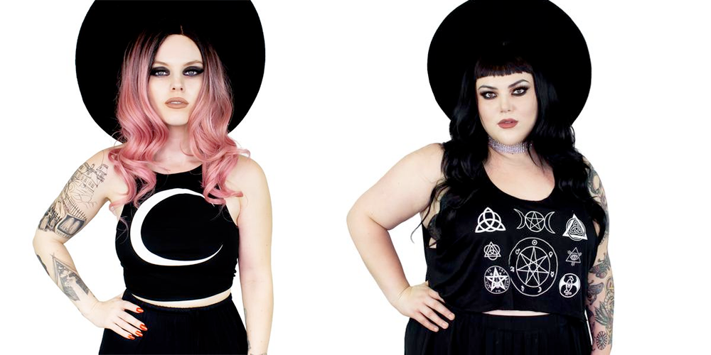 Plus Size Halloween Costumes // Waning Moon Halter Top and Witch Symbols Crop Tank from Witch Worldwide