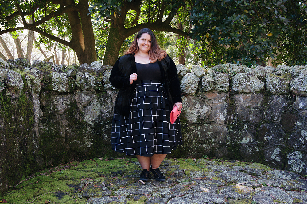 How to style a bodysuit: Plus size blogger Meagan Kerr wears Sonsee Bodysuit, Society+ Kate Midington Skirt and EziBuy Sara Velvet Blazer