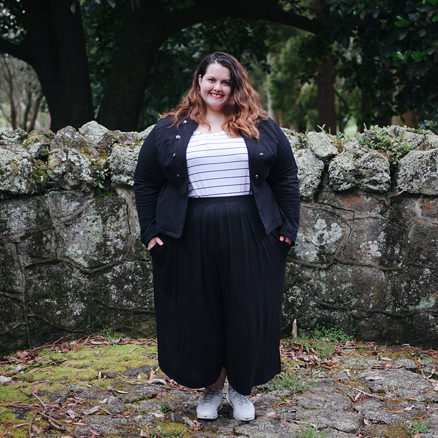 Plus size clothing haul | Meagan wears Kate Madison Striped Tank from The Warehouse, ASOS Curve Pleated Wide Leg Culottes from ASOS, Jacket from Torrid