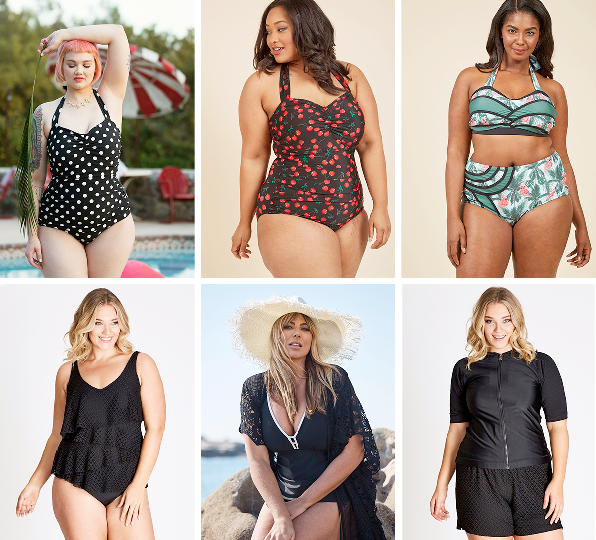 Plus size swimsuit special 2017 // ModCloth Beach Blanket Bingo One-Piece Swimsuit USD $89.99 | ModCloth Fruity Suity One-Piece Swimsuit USD $89.99 | Set the Serene Swimsuit in Flamingo, Top USD $15.97 and Bottom USD $15.97 | Autograph Crochet Ruffle One Piece $74.99 | Autograph Ruched One Piece $54.99 | Autograph Mesh Self Stripe Rash Vest $54.99