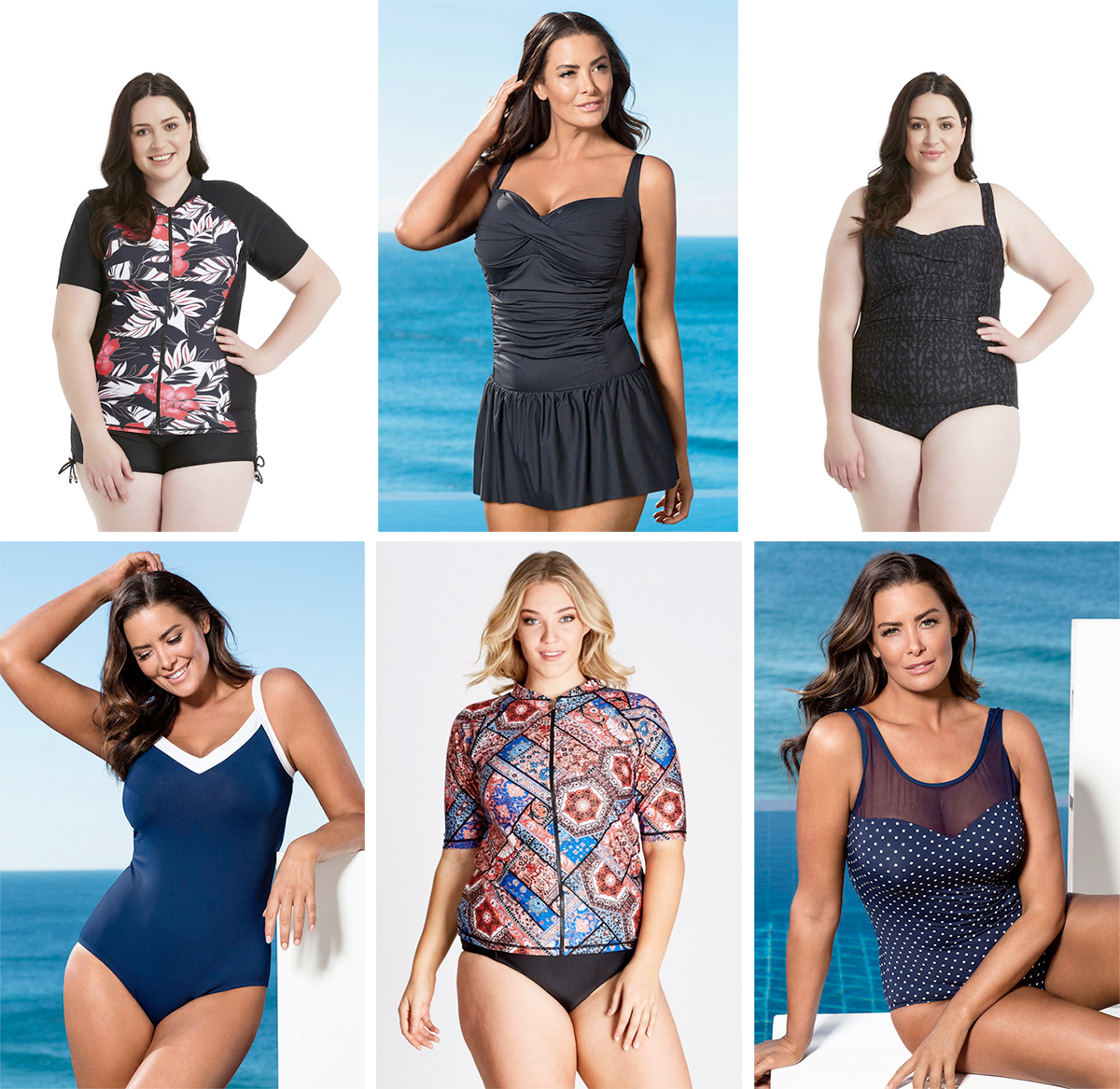 Plus size swimsuit special 2017 // Zest Resort Curve Panelled Rash Top, $69.99 from Farmers | Quayside Woman Twist Skirted Swimsuit, $109.99 from EziBuy | Zest Resort Curve Tonal Animal Swimsuit, $99.99 from Farmers | Quayside Woman Sports Swimsuit, $99.99 from Farmers | Moroccan Tile Rash Vest, $54.99 from Autograph | Quayside Woman Mesh Swimsuit, $99.99 from EziBuy