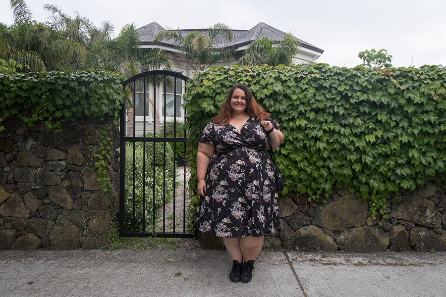 Plus size blogger Meagan Kerr wears Lady Voluptuous Floral Lyra Dress from Two Lippy Ladies