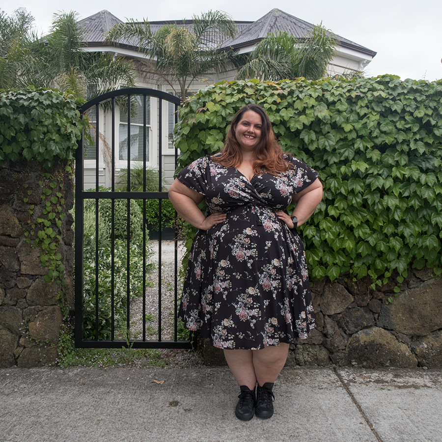 Plus size blogger Meagan Kerr wears Lady Voluptuous Floral Lyra Dress from Two Lippy Ladies