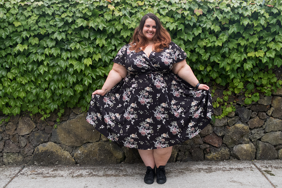 Plus size blogger Meagan Kerr wears Lady Voluptuous Floral Lyra Dress from Two Lippy Ladies