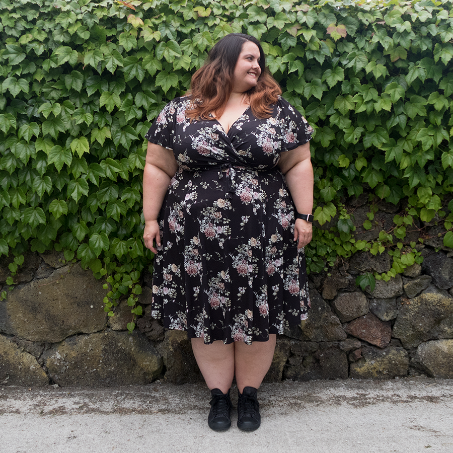 Plus size blogger Meagan Kerr wears Lady Voluptuous Floral Lyra Dress from Two Lippy Ladies