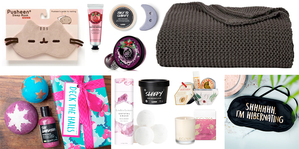 Secret Santa Gift Ideas for relaxing | Pusheen Sleep Mask, $19.99 | Frosted Berries Hand Cream, $13.50 | Just To Clarify Jelly Face Mask, $14.90 | Twilight Sparkle Jar, $17.50 | Frosted Plum Body Butter, $38.95 | Chunky Knit Throw, $20.00 | Deck The Halls Gift, $38.50 | Linden Leaves Crystal Crush Bath Bombs, $14.99 | Sleepy Body Lotion, from $18.50 | Burt's Bees Coconut & Pear Gift Set Bauble, $12.49 | Ecoya Dark Chocolate, Meringue & Raspberry Pocket Madison Candle, $19.95 | Shhhhhh, I'm Hibernating Eye Mask, $15.76