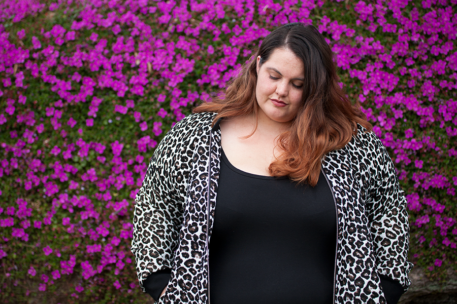 New Zealand plus size blogger Meagan Kerr wears The Essential Tank Dress from Harlow Australia and Manon Baptiste Animal Print Bomber Jacket from Navabi