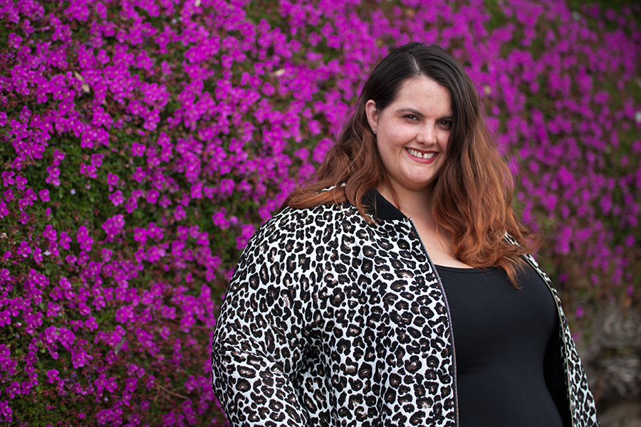 New Zealand plus size blogger Meagan Kerr wears The Essential Tank Dress from Harlow Australia and Manon Baptiste Animal Print Bomber Jacket from Navabi