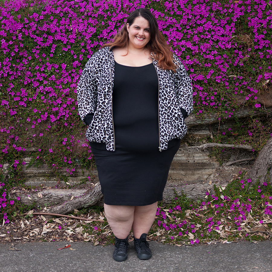 New Zealand plus size blogger Meagan Kerr wears The Essential Tank Dress from Harlow Australia and Manon Baptiste Animal Print Bomber Jacket from Navabi