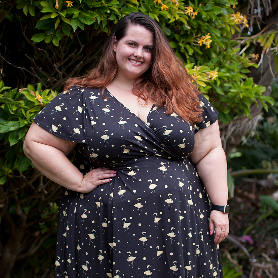 NYE New Zealand plus size fashion blogger Meagan Kerr wears Lady Volup Lyra in vintage flamingo from Two Lippy Ladies for New Years Eve