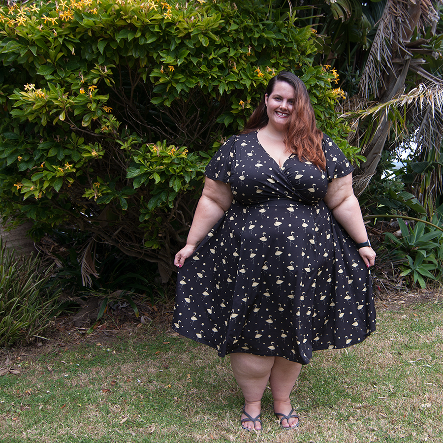 NYE New Zealand plus size fashion blogger Meagan Kerr wears Lady Volup Lyra in vintage flamingo from Two Lippy Ladies for New Years Eve