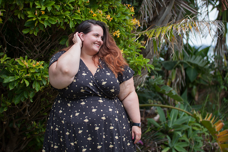 NYE New Zealand plus size fashion blogger Meagan Kerr wears Lady Volup Lyra in vintage flamingo from Two Lippy Ladies for New Years Eve