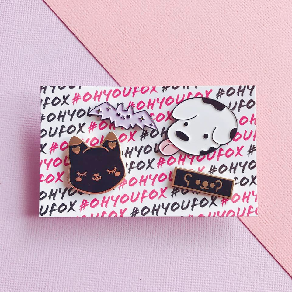 Oh You Fox sweet pins: Lilac Bat, Derpy Dog, Bear Emoji, Black and Gold Cat